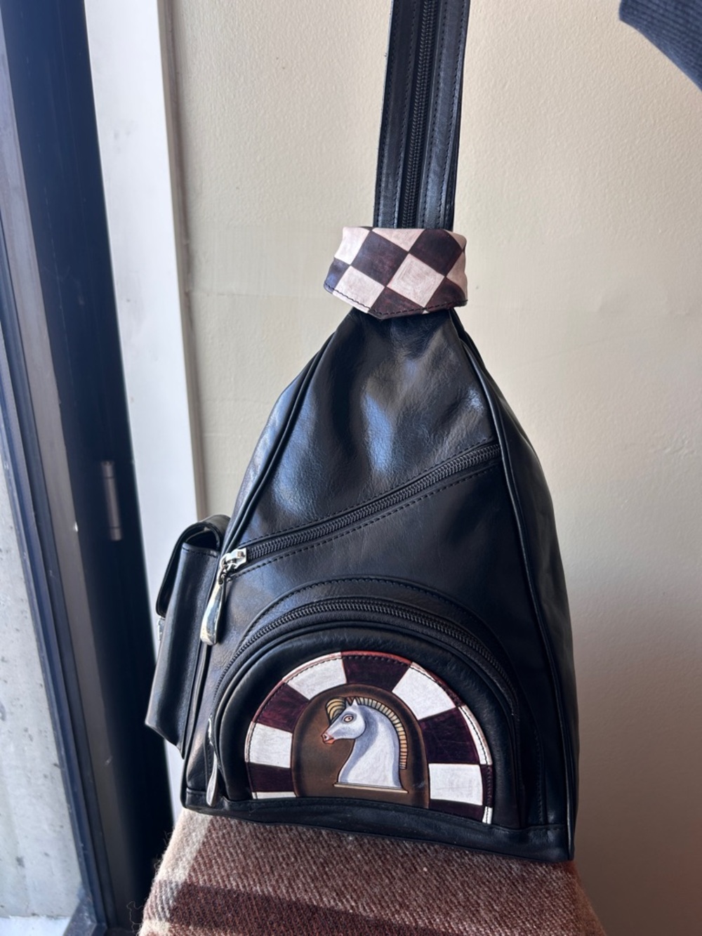 Vintage Hand Painted Leather Backpack Purse Chess Knight Bambas Dark Academia